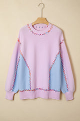 Orchid Bouquet Rainbow Stitching Balloon Sleeve Relaxed Sweater