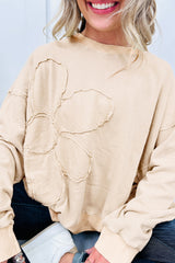 Beige Flower Pattern Round Neck Long Sleeve Plus Size Top