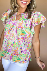 Purple Abstract Print Ruffled Short Sleeve Notched Neck Blouse