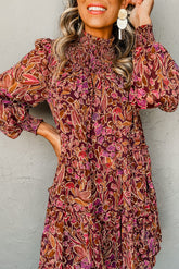 Red Floral Print Long Sleeve Shirred High Neck Loose Mini Dress