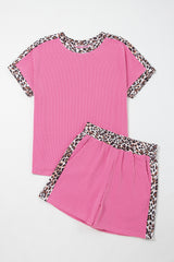 Sachet Pink Leopard Trim Twist Ribbed Short Set