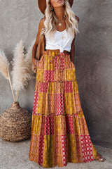 Orange Tiered Paisley Print Pocketed Maxi Skirt
