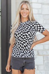Black Checkered Print Crew Neck Mesh T Shirt