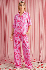 Pink Bow Knot Print Lapel Collar Short Sleeve and Pants Pajama Set