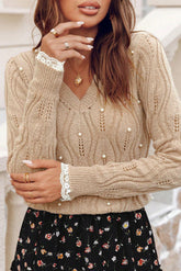 Smoke Gray Pearl Beaded Embellished Lace Applique Pointelle Knit Sweater