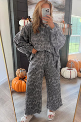 Gray Allover Leopard Print Pullover Drawstring Loose Pants Set