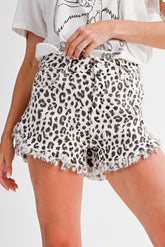 White Leopard Frayed Hem Denim Shorts