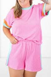 Bonbon Colorblock Corded Plus Size Two Piece Shorts Set