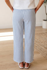 Blue Stripe Drawstring Elastic Waist Ankle Length Shift Pants