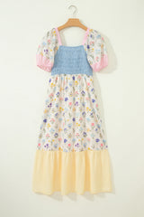 Multicolour Floral Print Striped Color Block Patchwork Square Neck Shirred Long Dress