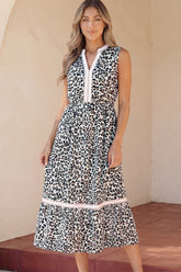 White Leopard Print Colorblock Trim Sleeveless Midi Dress