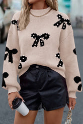 Smoke Gray Pearl Embellished Bow Pattern Loose Sweater