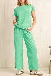 Bright Green Solid Corded T Shirt and Wide Leg Pants Set