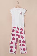 Pink Heart Print Ruffle Sleeveless Top and Pants Pajama Set