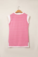 Pink Stripe Color Block Trim Notched Neck Sleeveless Shift Mini Dress