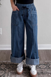 Blue Stripe Contrasted Drawstring Pocketed Loose Jeans