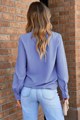 Sky Blue Solid Color V Neck Breezy Long Sleeve Blouse