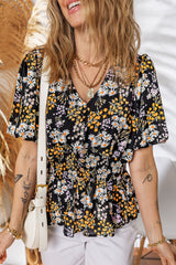 Black Floral Print V Neck Smocked Babydoll Blouse