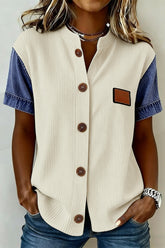 Beige Denim Patchwork Short Sleeve Ribbed Shirt