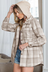 Khaki Plaid Removable Hooded Button Up Jacket