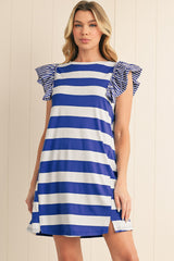 Sky Blue Stripe Ruffle Sleeve T Shirt Dress