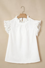 White Frilled Collar Flutter Sleeve Denim Top