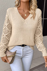 Jet Stream Solid V Neck Pointelle Knit Sleeve Patchwork Sweater