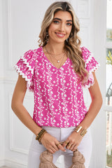 Pink Floral Print Ric Rac Tiered Ruffled V Neck Blouse