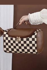 Checkered Zipper Large Cosmetic Bag with Handle