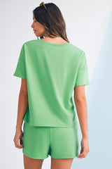 Mint Green V Neck Drop Shoulder Tee and Patchwork Shorts Set