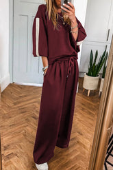 Burgundy Varsity Striped 3/4 Sleeve Pullover Drawstring Sweatpants Set