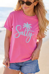 Rose Red Salty Palm Tree Printed Beach Vacation Casual T Shirt