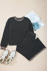 Carbon Grey Twisted Rib Leopard Patchwork Detail 2pcs Pants Set