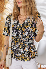 Black Floral Print V Neck Smocked Babydoll Blouse