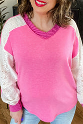 Bonbon Lace Patchwork Corded Trim Plus Size Long Sleeve Top