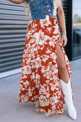Red High Split Floral Tiered Maxi Skirt