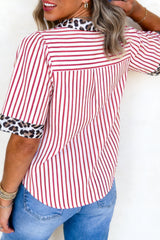 Red Stripe Leopard Contrast Trim Half Button Blouse