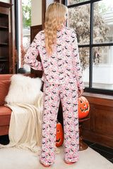 Pink Cute Floral Halloween Ghost Print Long Pajama Set
