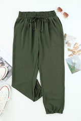 Green Solid Color Drawstring Smocked Waist Joggers