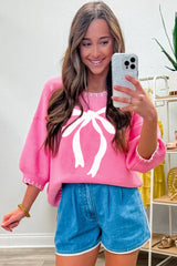 Sachet Pink Big Ribbon Bow Print Contrast Stitch Trim Drop Shoulder Sweater