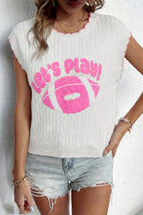 White Sleeveless Round Neck Embroidery Towel Stitch Casual Shift Sweater Vest