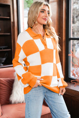 Grapefruit Orange Checkered V-Neck Collared Pullover Sweater