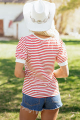 Red Stripe Contrast Trim Round Neck Short Puff Sleeve T Shirt