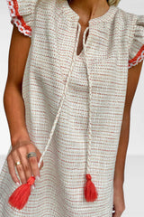 White Jacquard Textured Contrast Trim Short Sleeve Tassel Tie Shift Dress