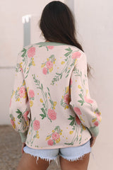 Pink Floral Striped Colorblock V Neck Loose Sweater