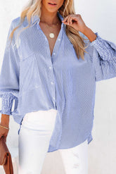 Blue Stripe Striped Casual Shirred Cuffs Shirt