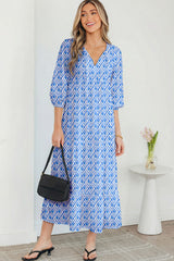 Blue Boho Printed Half Sleeve Maxi Dress