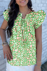 Green Abstract Leopard Tie Front Flutter Sleeve Blouse