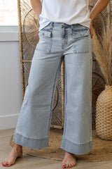 Sky Blue Striped Button Flap Pocket Cuffed Hem Wide Leg Jeans