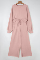 Light Pink Drop Shoulder Crop Pullover Drawstring Wide Leg Pants Set